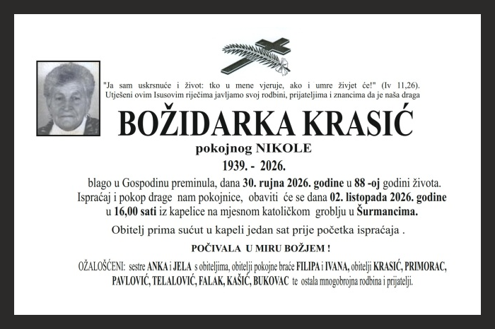 Osmrtnica: Božidarka Krasić