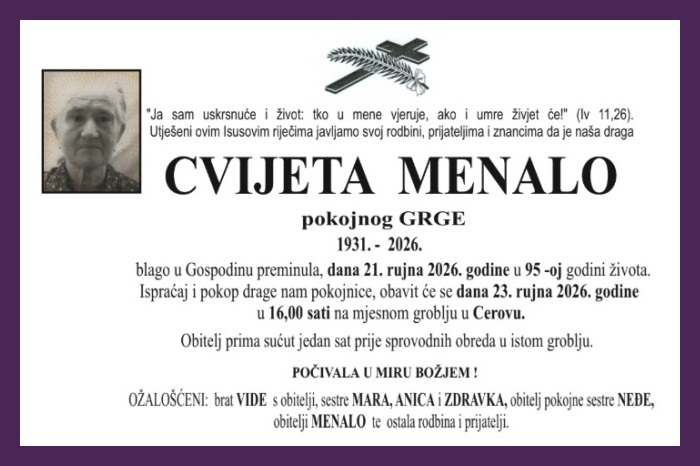 Osmrtnica: Cvijeta Menalo