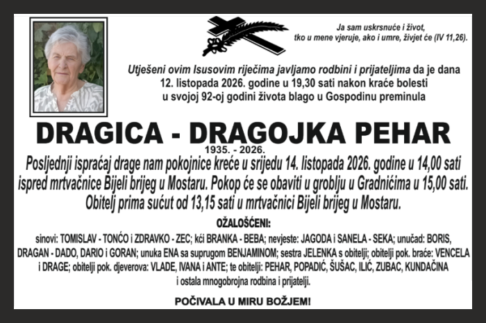 Osmrtnica: Dragica – Dragojka Pehar