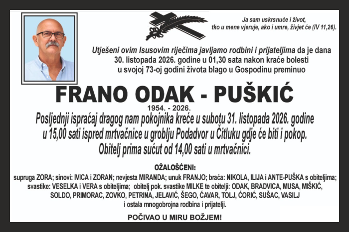 Osmrtnica: Frano Odak – Puškić