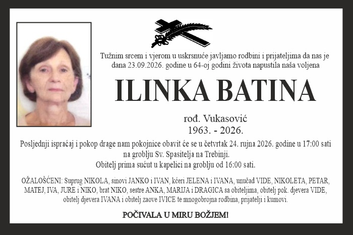 Osmrtnica: Ilinka Batina