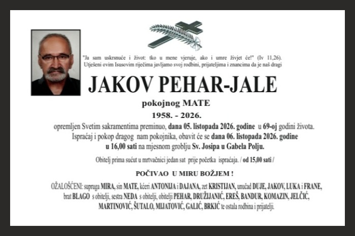 Osmrtnica: Jakov Pehar – Jale