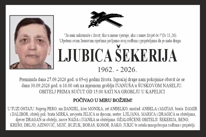 Osmrtnica: Ljubica Šekerija