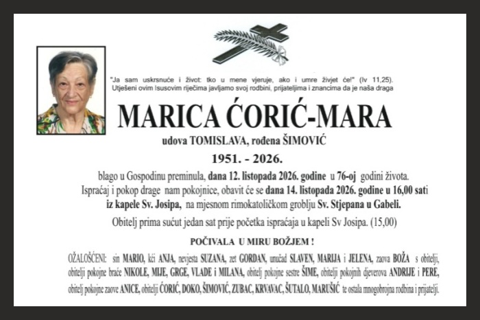 Osmrtnica: Marica Ćorić-Mara