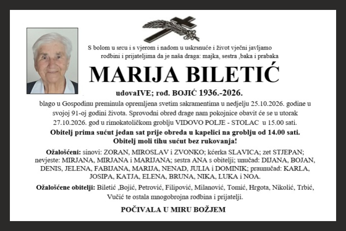 Osmrtnica: Marija Biletić