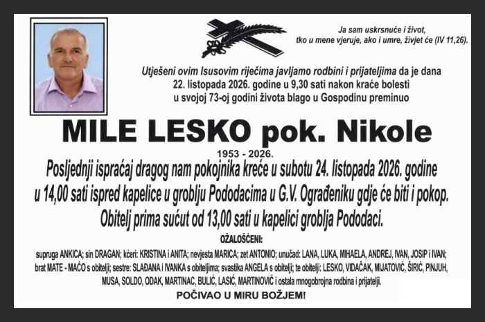 Osmrtnica: Mile Lesko