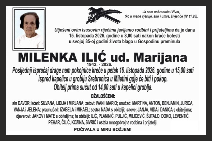 Osmrtnica: Milenka Ilić