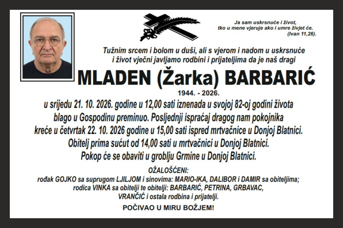 Osmrtnica: Mladen Barbarić