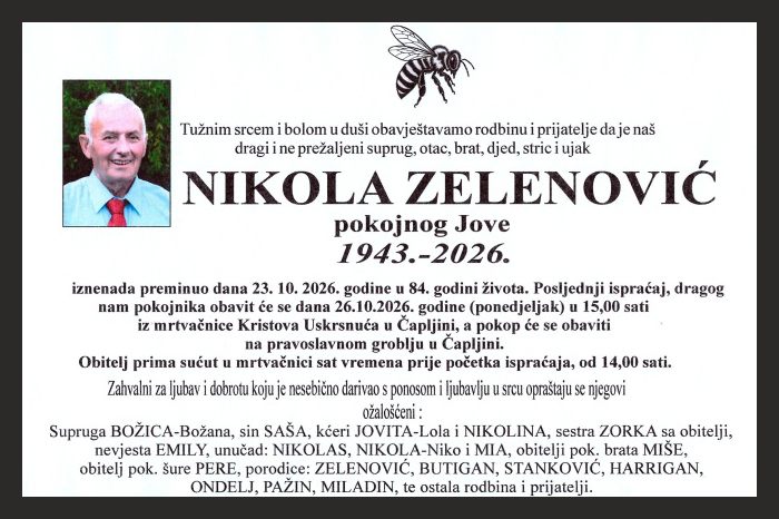 Osmrtnica: Nikola Zelenović