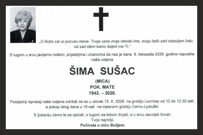 Osmrtnica: Šima Sušac (mica)