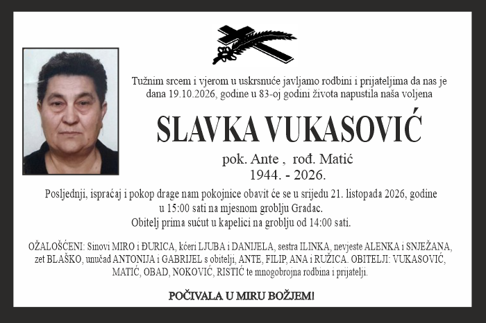 Osmrtnica: Slavka Vukasović
