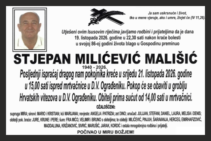 Osmrtnica: Stjepan Milićević Mališić