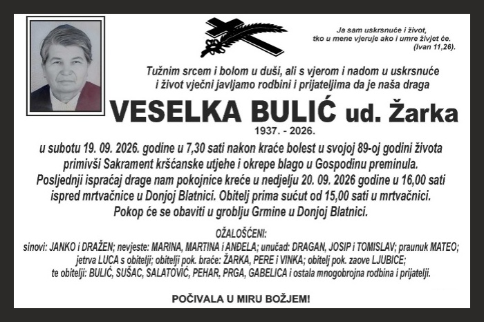 Osmrtnica: Veselka Bulić