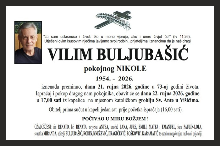 Osmrtnica: Vilim Buljubašić